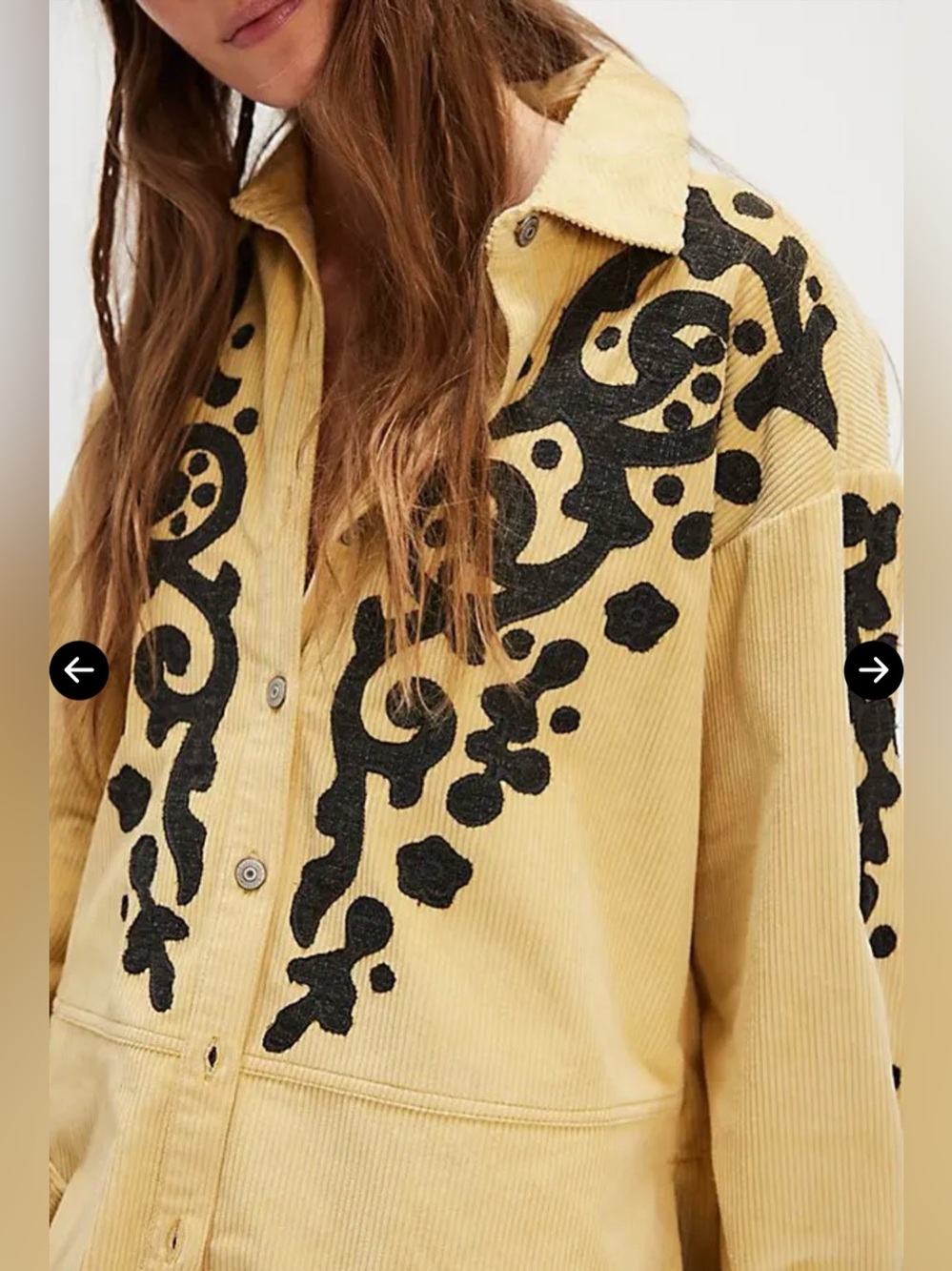 We The Free Yellow Corduroy Button-Front Jacket with Black Embroidery